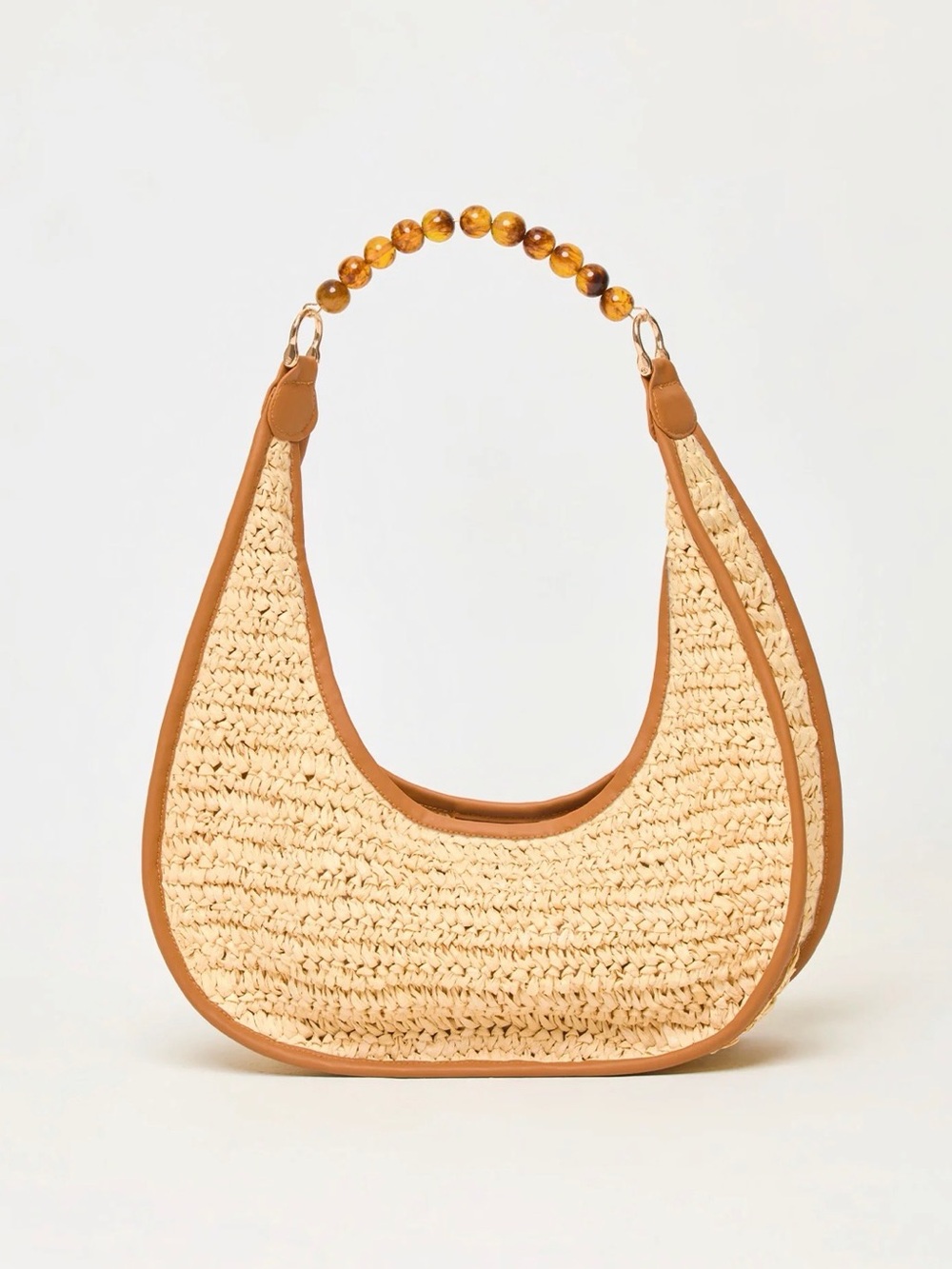 l*space Straw Hobo Bag with Amber Bead Handle and Tan Trim - Picture 2 of 4
